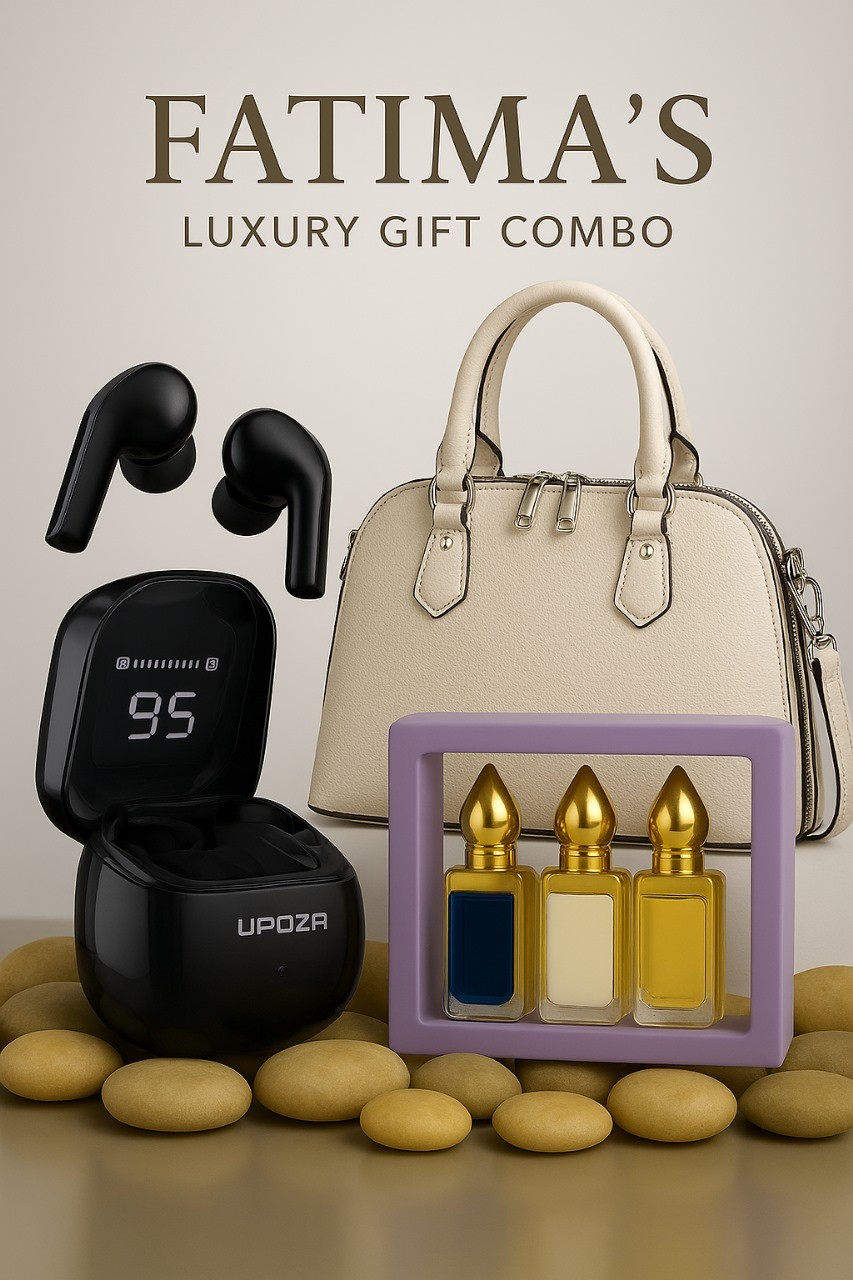 FATIMA"S LUXURY GIFT COMBO - HD01159LB Smart LED display charging case with Hi-Res audio & DELUXE LUXURY HAND BAG WITH 3 PCS ATTAR SET